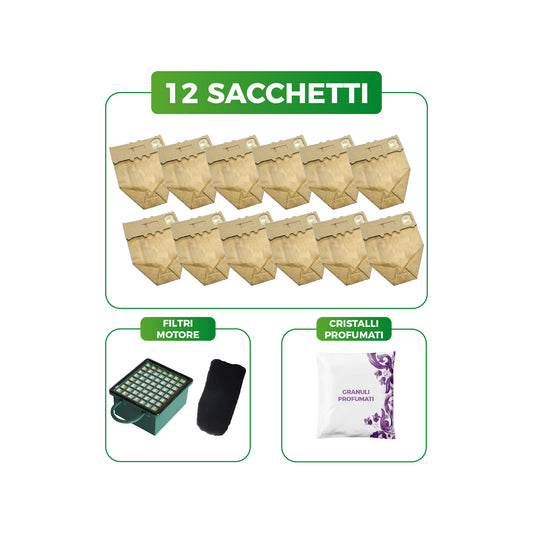 Kit Sacchetti Folletto VK130 VK131 | 12 Sacchetti, Filtri Motore e Cristalli Profumati