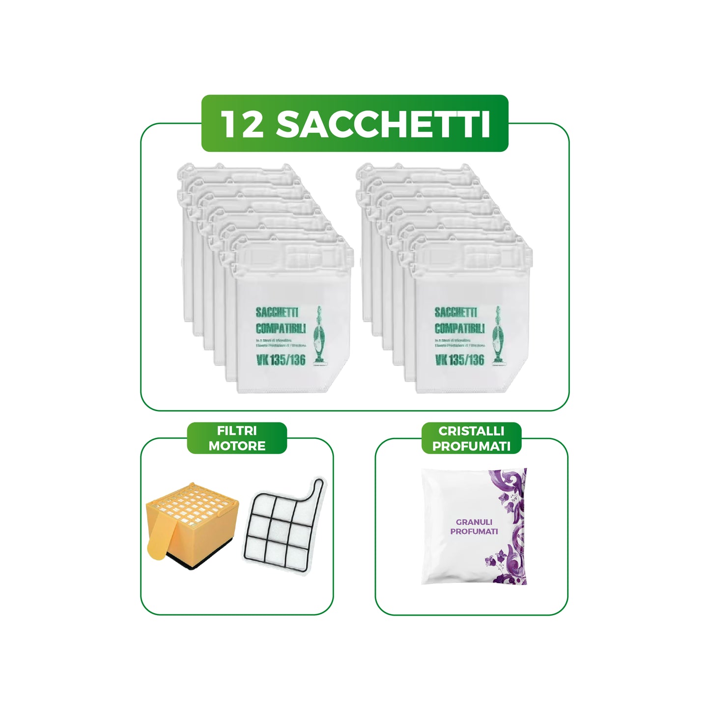 Kit Sacchetti Folletto VK135 VK136 | 12 Sacchetti, Filtri Motore e Cristalli Profumati