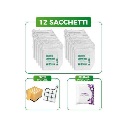 Kit Sacchetti Folletto VK135 VK136 | 12 Sacchetti, Filtri Motore e Cristalli Profumati