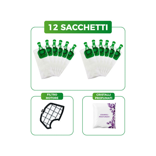 Kit Sacchetti Folletto VK140 VK150 | 12 Sacchetti, Filtri Motore e Cristalli Profumati