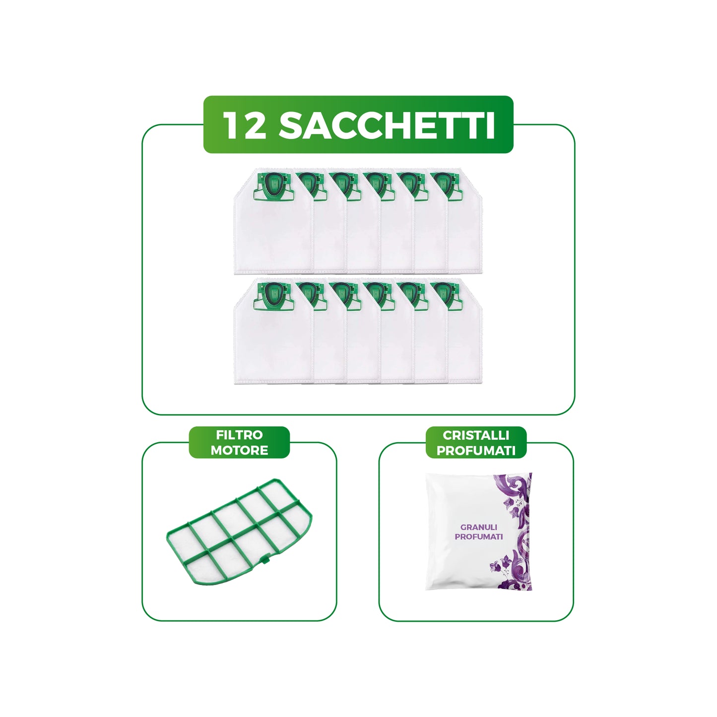Kit Sacchetti Folletto VK200 VK220 S | 12 Sacchetti, Filtri Motore e Cristalli Profumati