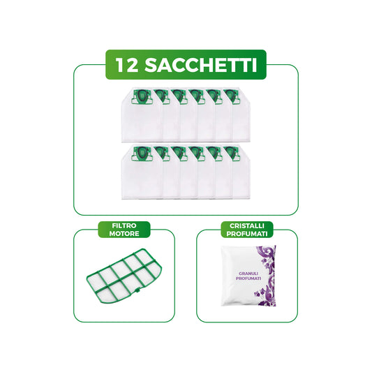 Kit Sacchetti Folletto VK200 VK220 S | 12 Sacchetti, Filtri Motore e Cristalli Profumati